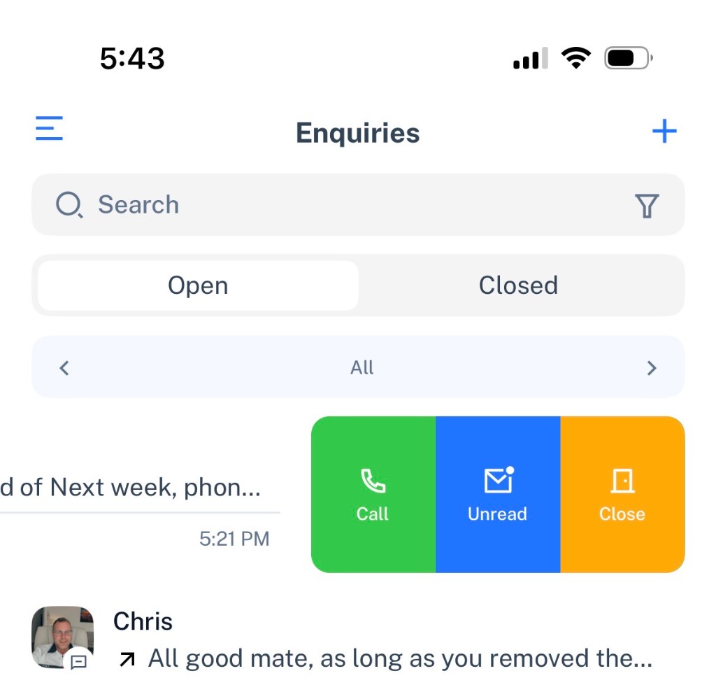 Coax enquiries card with Call, Unread and Close actions