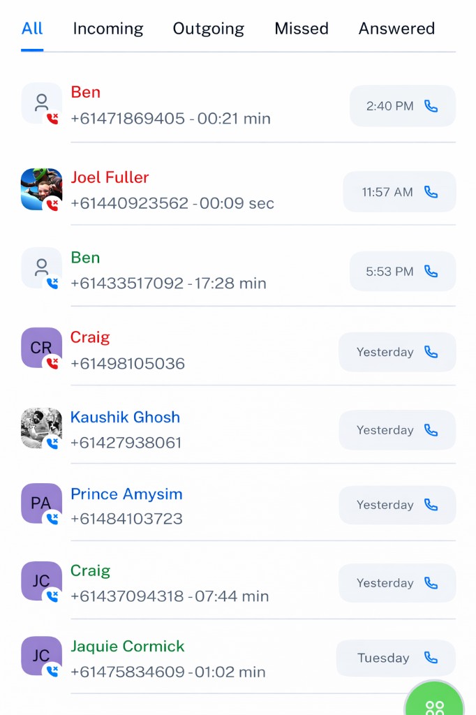 Coax recent calls list on mobile - swipe to call