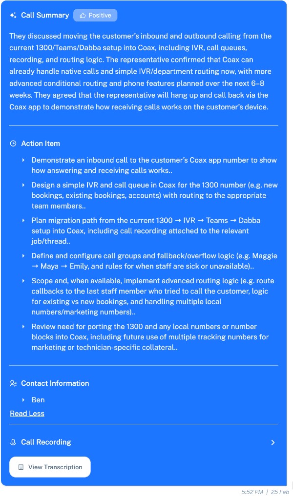 Coax call summary - sentiment, summary, action items, contact info, view transcription
