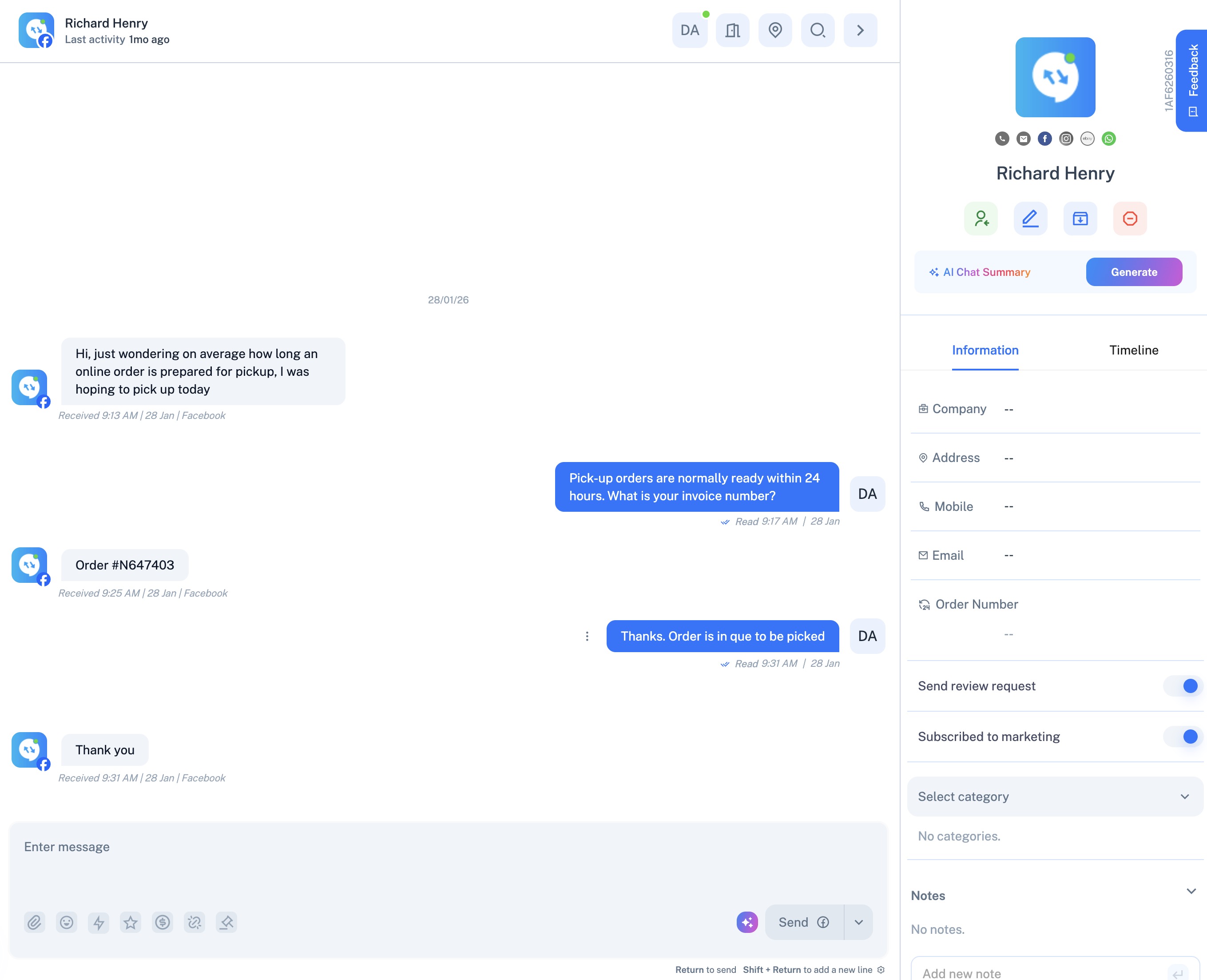 Coax platform - Facebook Messenger channel interface