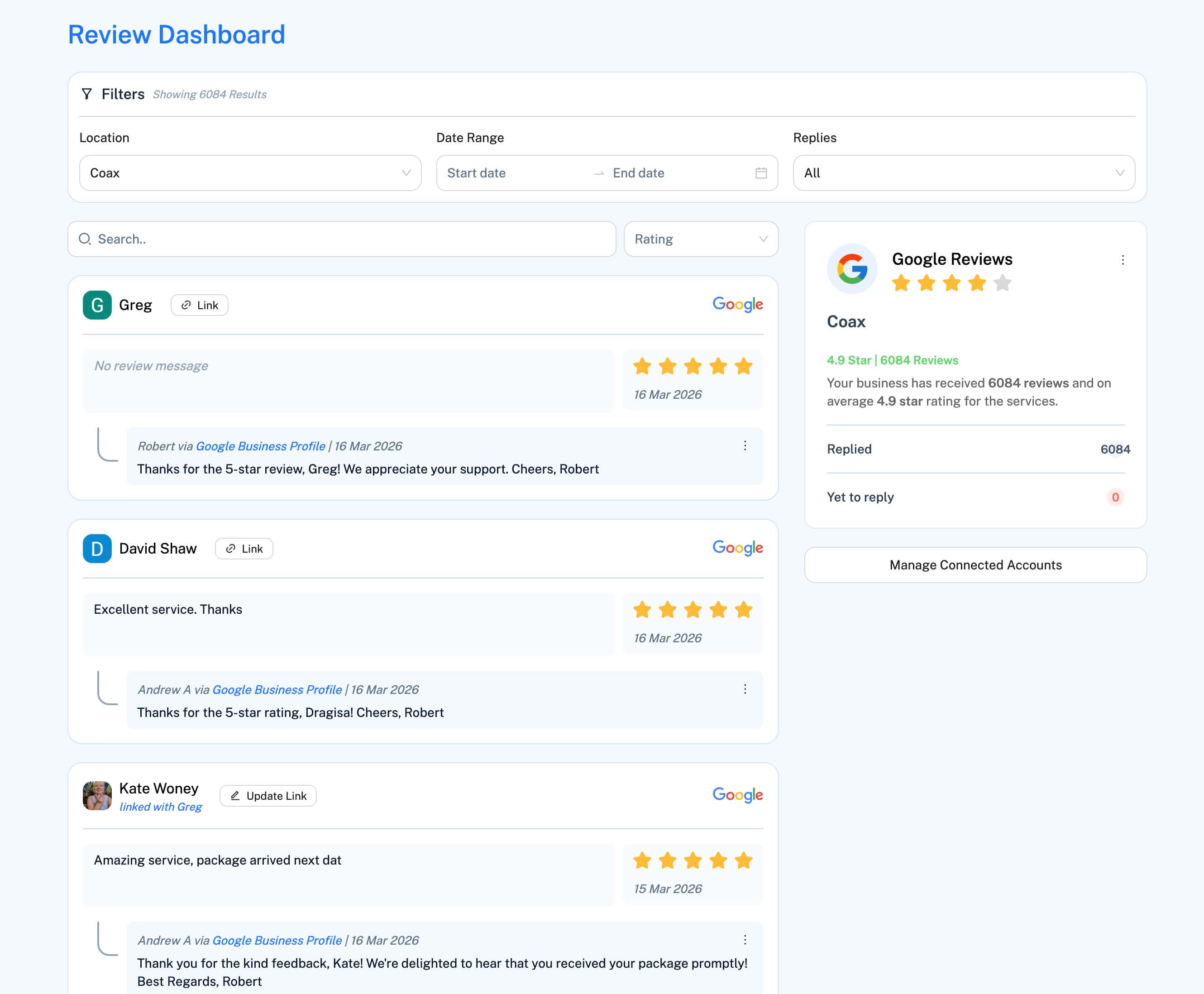 Coax platform - Google Reviews channel interface