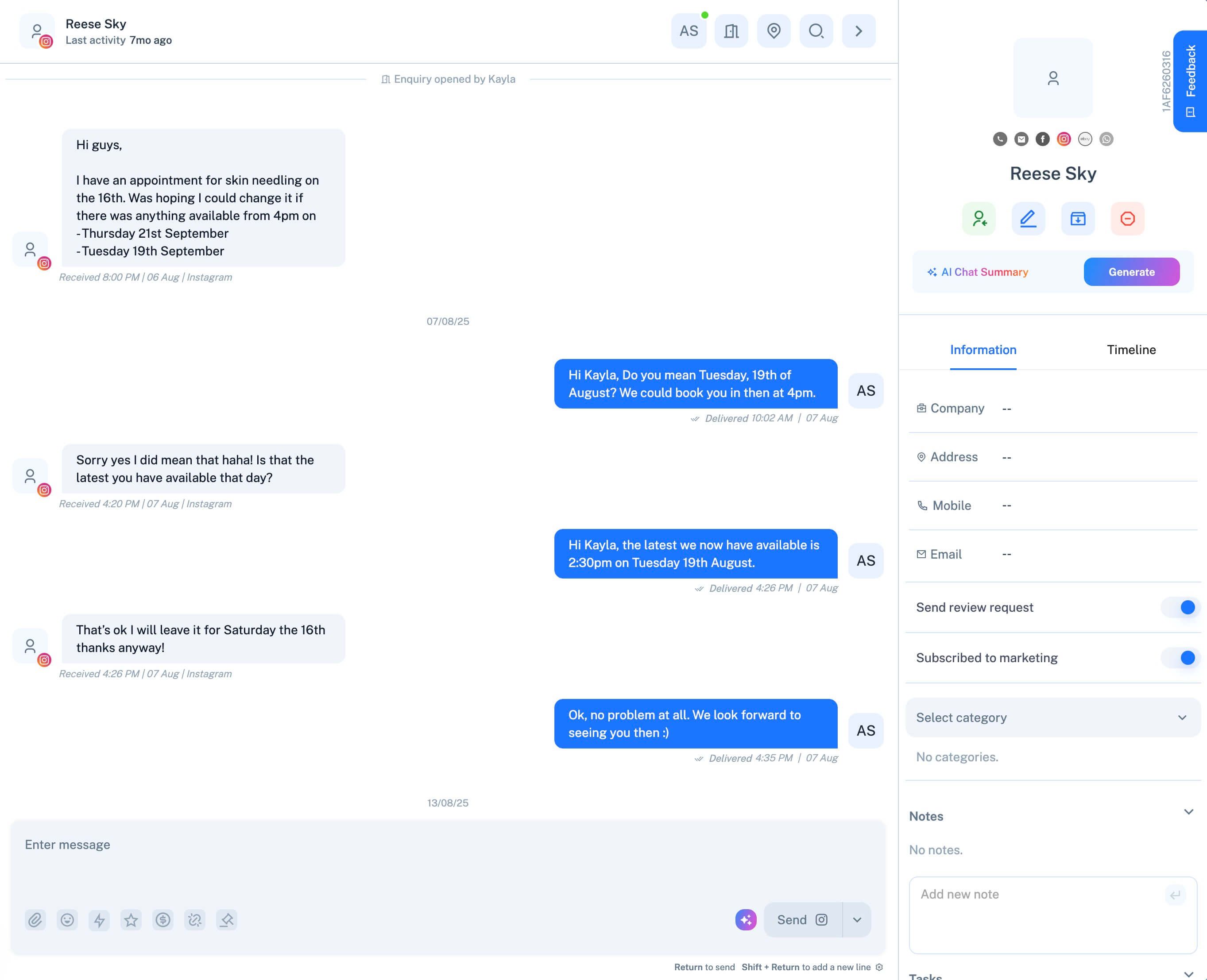 Coax platform — Instagram DMs channel interface