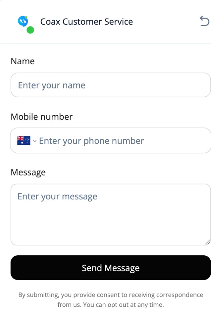 Coax chat widget contact form - Name, Mobile number, Message fields, Send Message