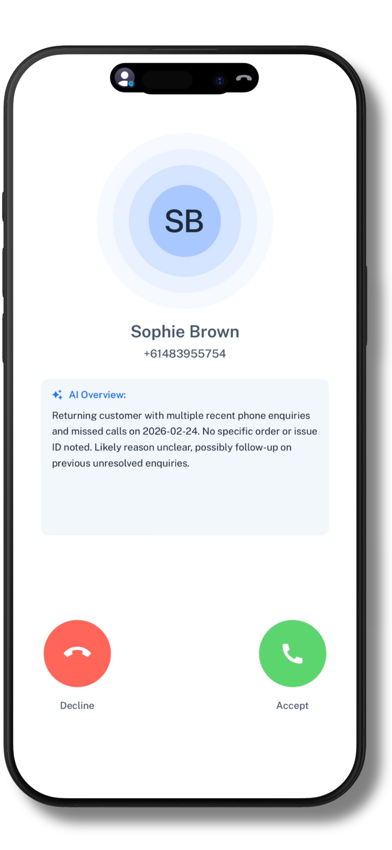 Coax AI-powered customer summary showing caller details and interaction history on iPhone lock screen