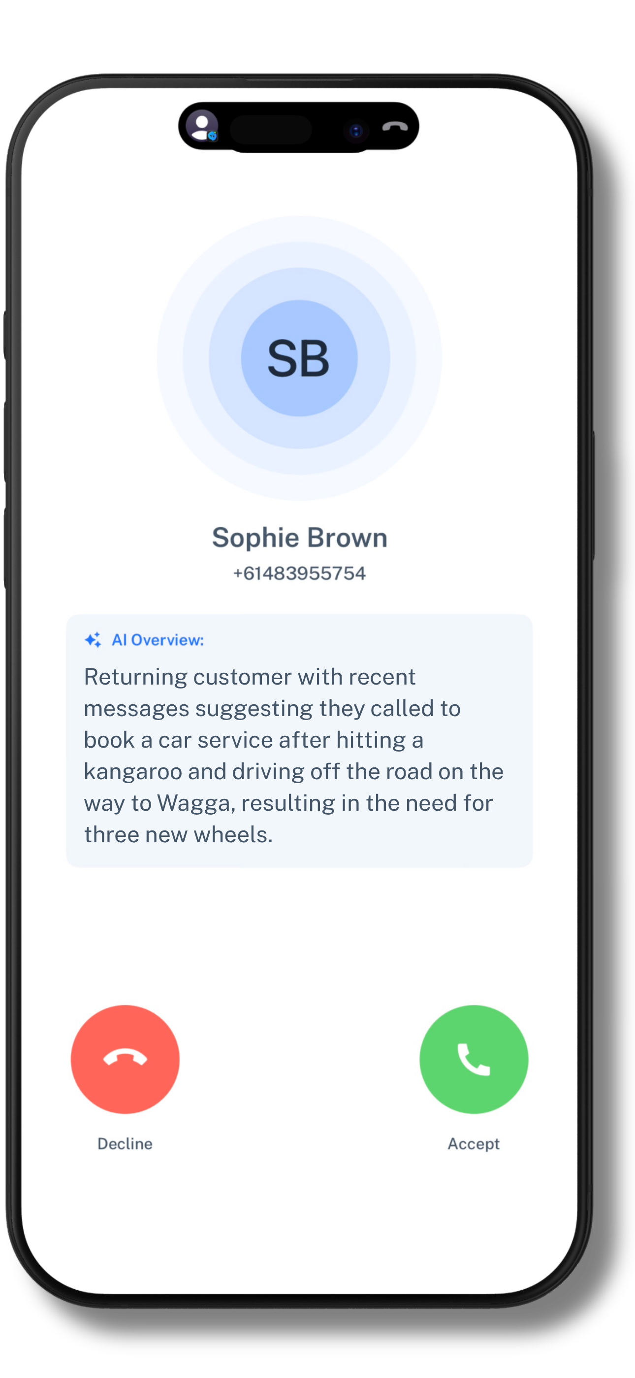 Coax AI-powered customer summary showing caller details and interaction history on iPhone lock screen