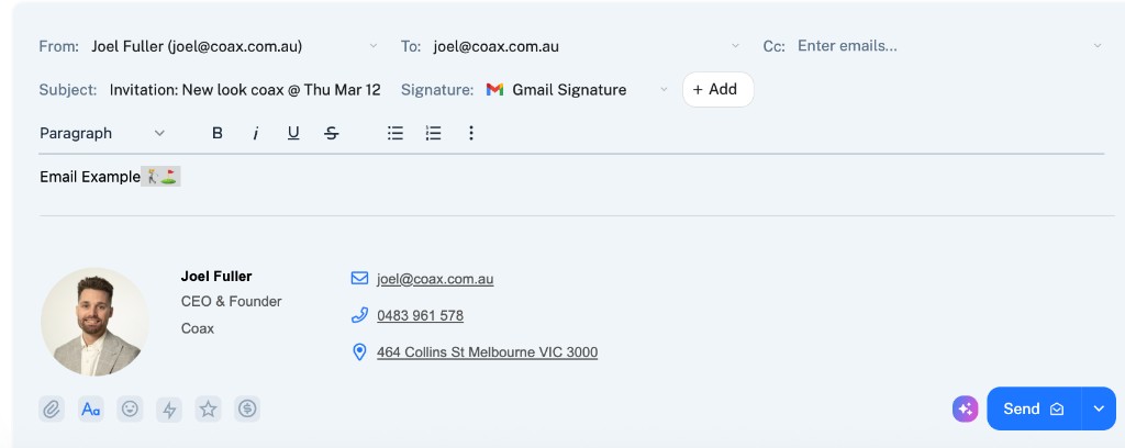 Example of compose email in Coax - Gmail/Outlook style interface with From, To, Cc, Subject, signature selector, rich text editor, and professional email signature