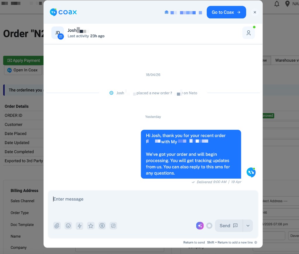 Coax messaging widget opened directly inside a Neto order view