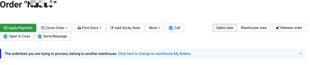 Coax Call, Send Message and Open In Coax buttons inside a Neto order page