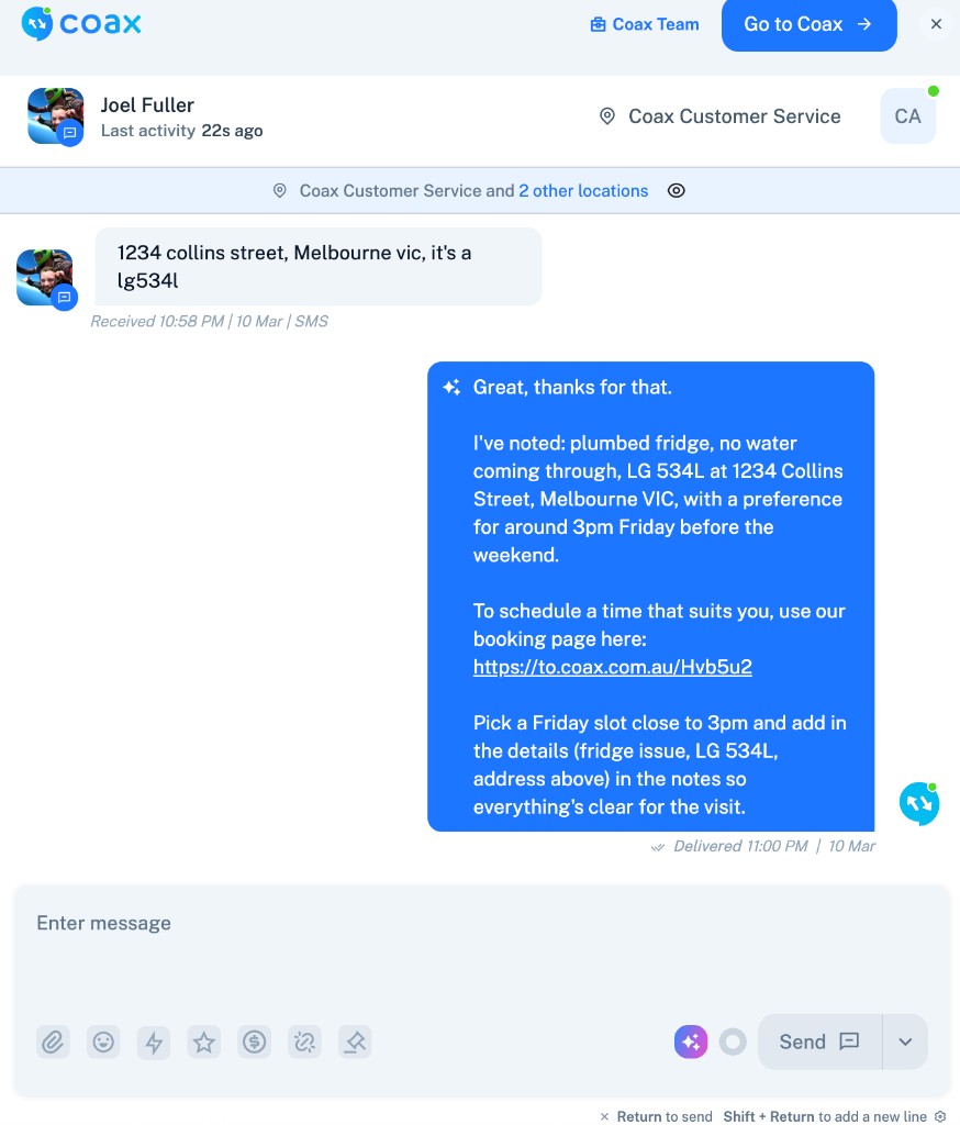 Coax conversation view showing AI-assisted response to a customer about a plumbed fridge repair with booking link