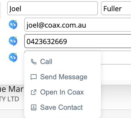 Right-click menu on a phone number in ServiceM8 showing Call, Send Message, Open In Coax, and Save Contact options