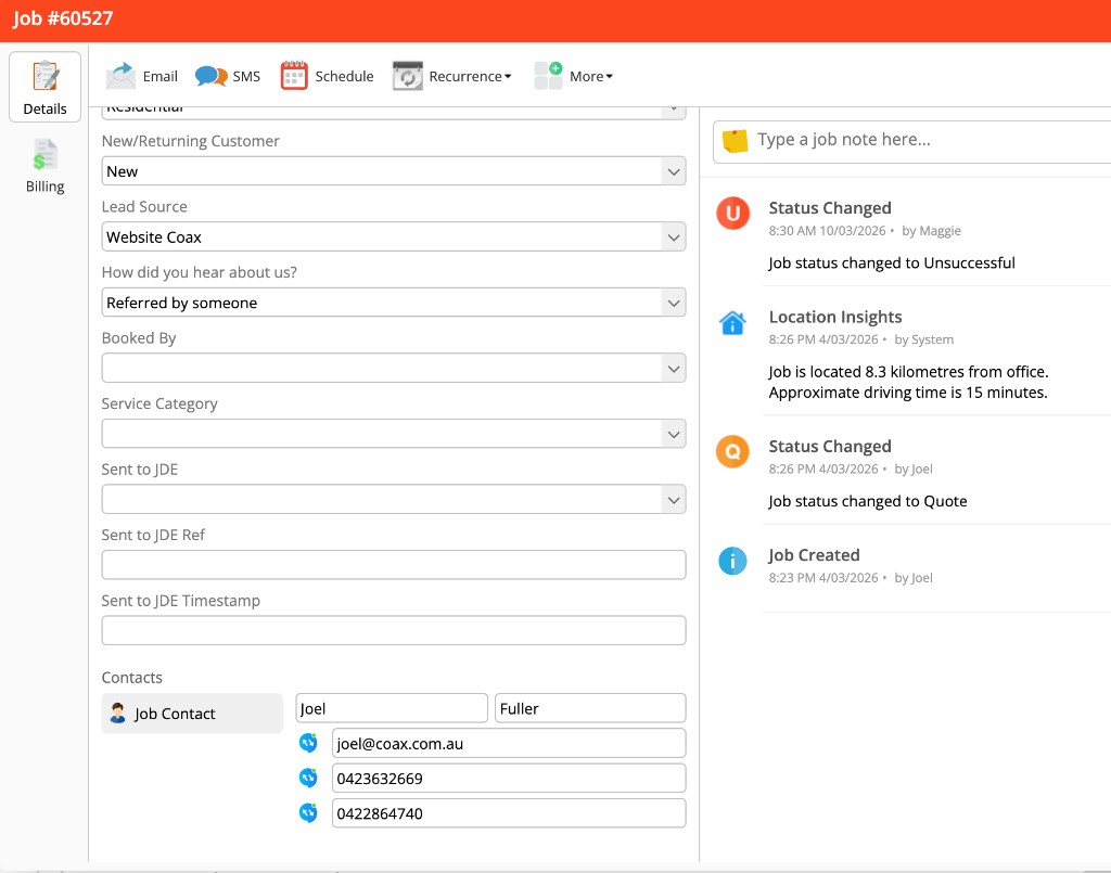 ServiceM8 job card showing job details, contacts, status history, and Coax integration icons for calling and messaging