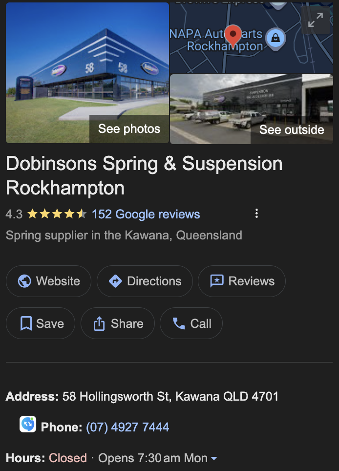 Dobinsons Spring & Suspension Rockhampton Google Business Profile - 4.3 stars, 152 Google reviews