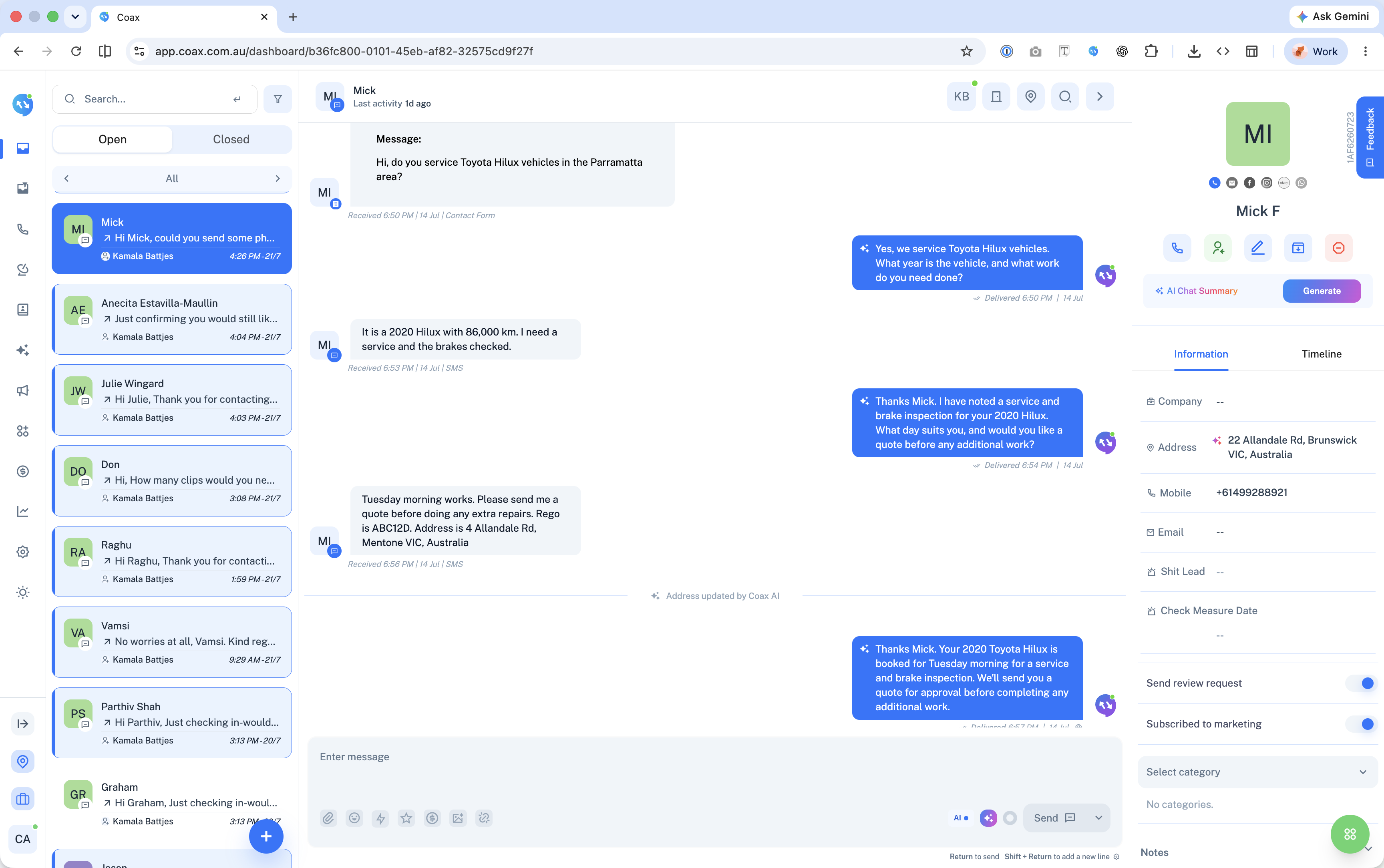 Coax automotive conversation showing a Toyota Hilux service booking and brake inspection