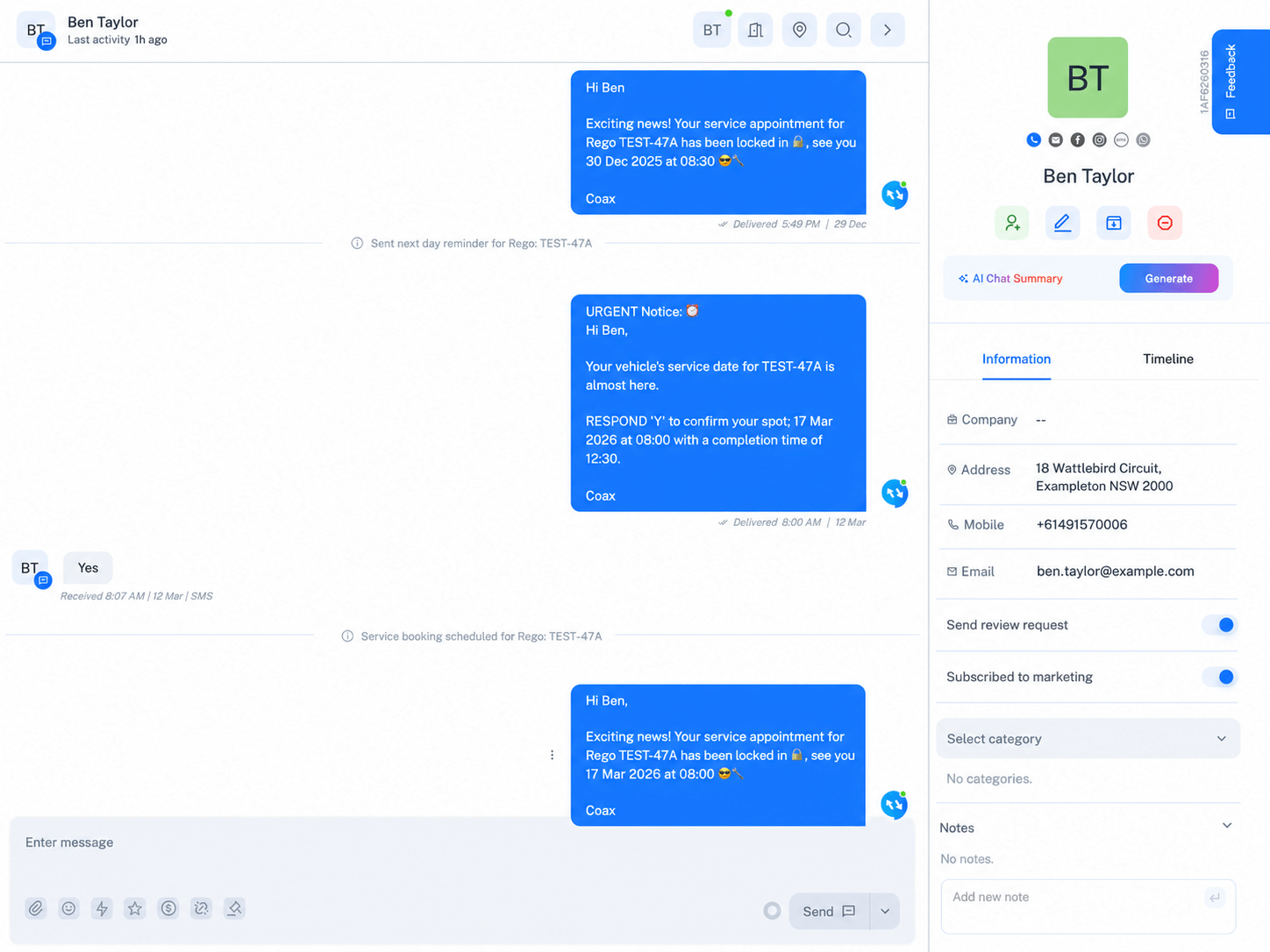 Coax workshop conversation with Ben Taylor showing service reminders and booking confirmations